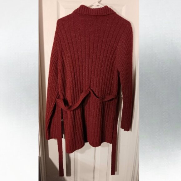 Carolyn Taylor long red sweater jacket, XL with tie - Picture 2 of 3